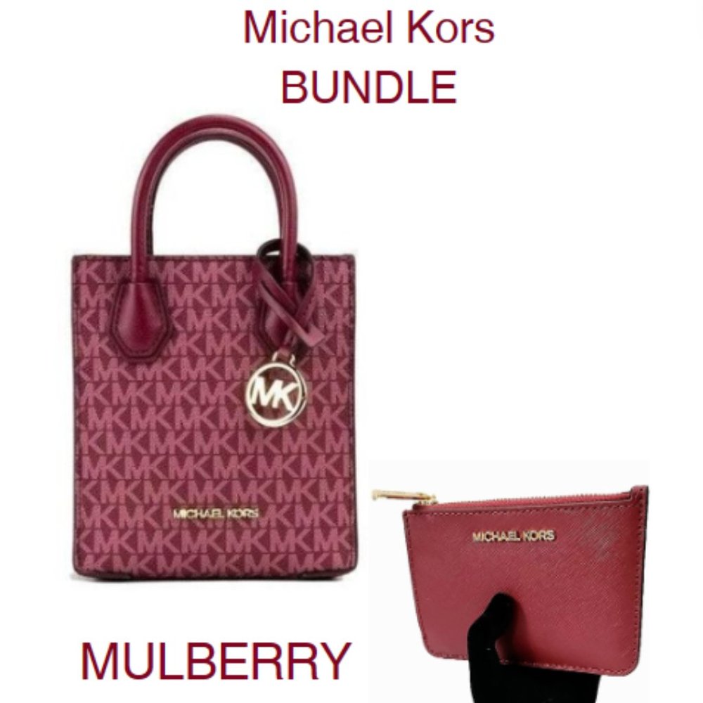 Michael Kors Mercer Shopper Tote Phone Crossbody Mulberry Wine Color XS & Wallet